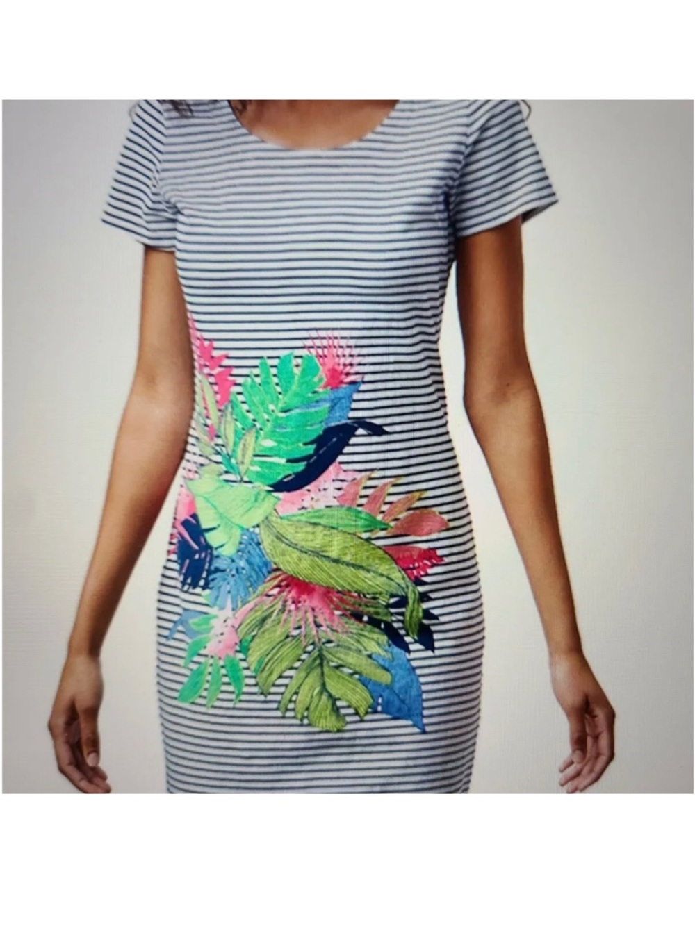 Tommy Bahama Striped  Dress with Tropical Floral Motif - M
